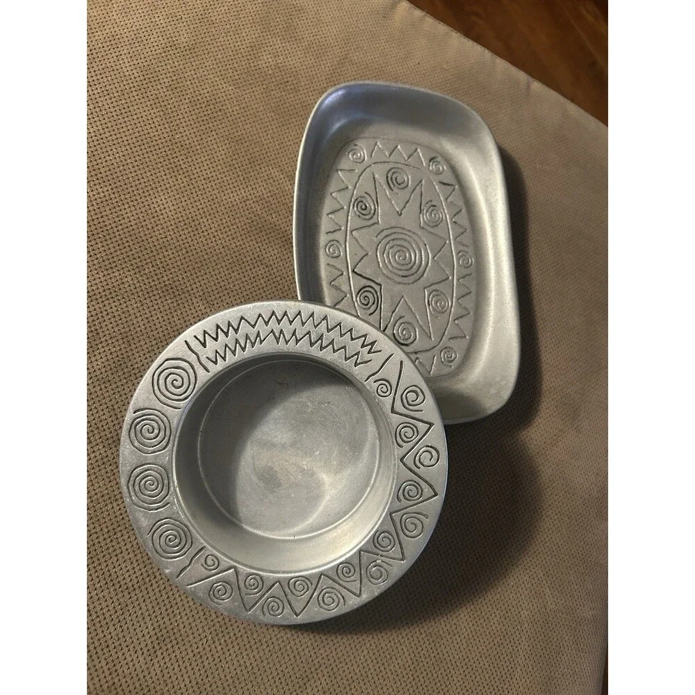 RWP Wilton Plate + Bowl 2 Pewter Serving Plates Reggae Pattern African Motif